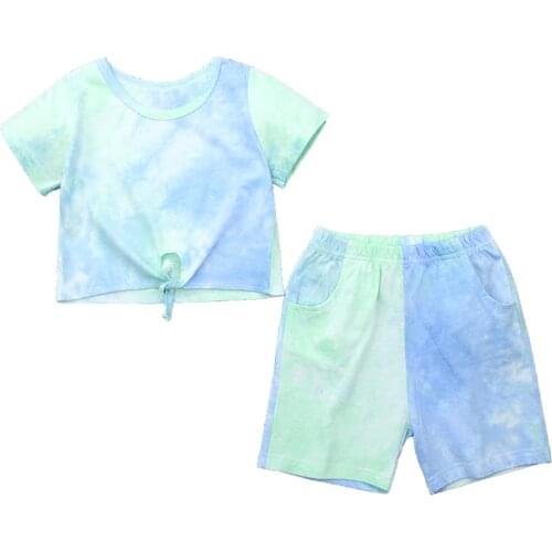 Girls Boys Unisex Cotton Summer Outfits Tie Dye Print Short Sleeves T-shirt with Shorts Set Children Workout Fitness Casual Wear