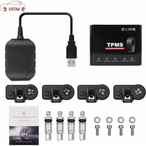 USB Android TPMS Car Tire Pressure Monitor with 4 External Sensors 116 psi Monitoring Alarm System 5V Wireless Transmission TPMS