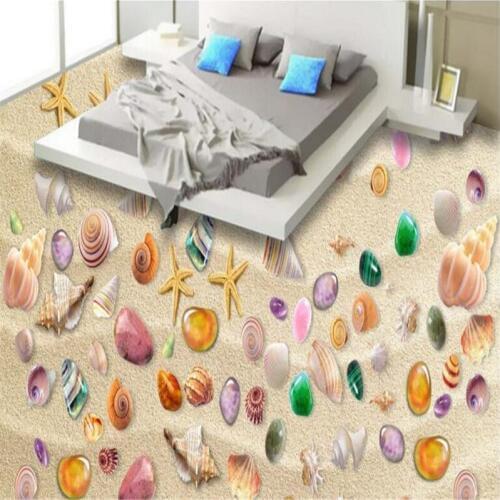 Wellyu Custom large-scale mural pvc floor colorful shells on the beach 3D floor thickening wear-resistant decorative painting