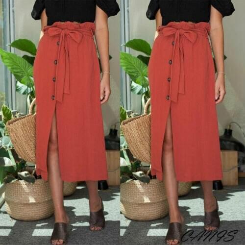 2019 Hot Sexy Boho Stylish Chic Womens Midi Skirt High Waist Front Slit Skirt Lace Up Button Bandage Beach Outwear