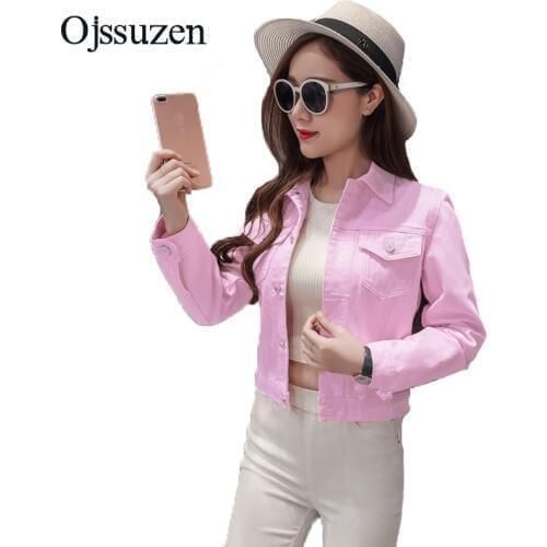 2019 Plus Size Women Short Denim Jean Jacket Spring Basic Coat Pink Denim Jackets Womens Autumn Slim Jean Coat Black White
