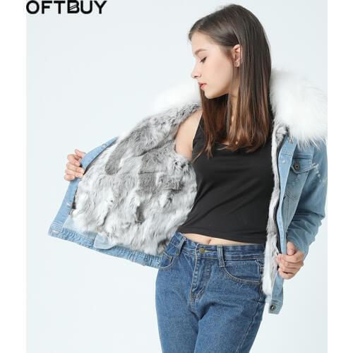 Brand 2020 new autumn winter jacket coat women Holes Denim jacket real large raccoon fur collar real rabbit fur thick warm Liner