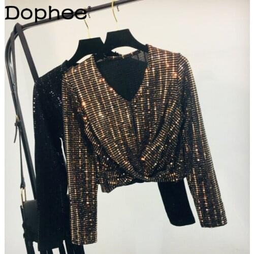2021 New Fall Womens Clothing Heavy Industry Sexy V-neck Blingbling T-Shirt Female Cross Long Sleeves Crop Tops Harajuku Tshirt