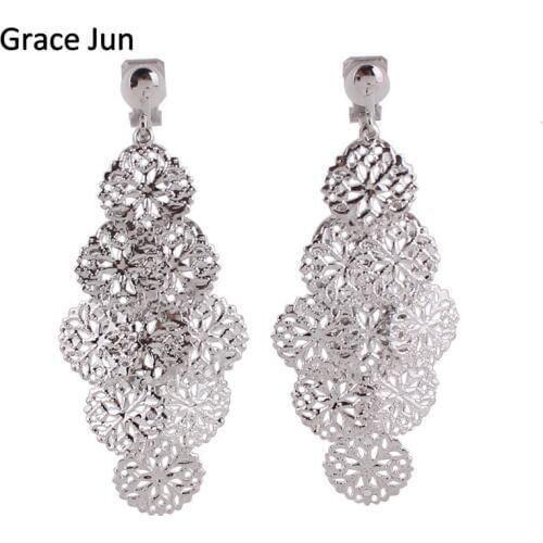 Grace Jun Handmade Vintage Style Hollow-out Pattern Flower Shape Clip on Earrings Non Piercing for Women Party Elegant Earrings