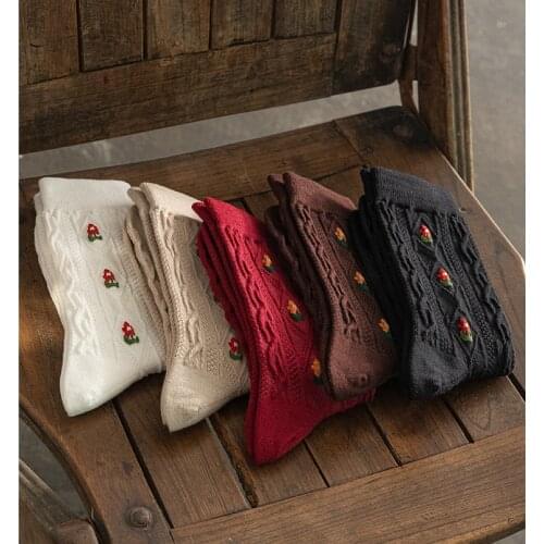 Women Middle Tube Socks Size 35-40 Cotton Twisted Knitted Side Tiny Flowers French Boot Socks Daily Wear носки женские