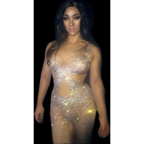 Women Rhinestone Sleeveless Slim Jumpsuits Nightclub Female Crystals Dj Performance Costumes Womens Sexy Skinny Dance Clothing
