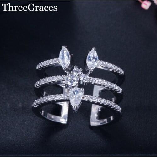 ThreeGraces Chic Design Adjustable Rings 3 Layers Geometric Clear Cubic Zirconia Open Cuff Ring for Women Party Jewelry RG086