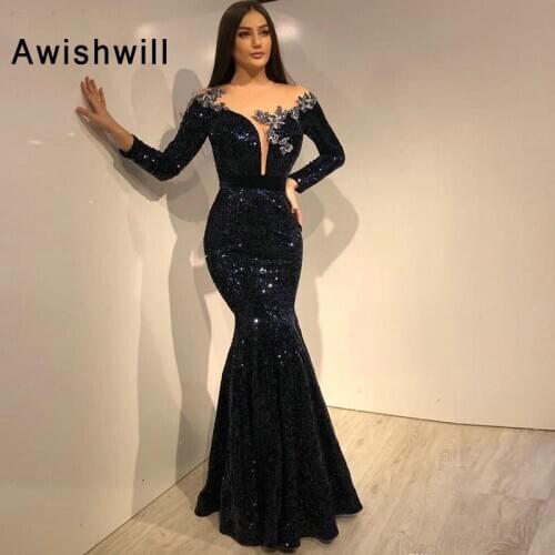 Women Mermaid Evening Dress Long Sleeve Navy Blue Sequin Beaded Formal Dress Party Gown Floor Length Robe de Soiree