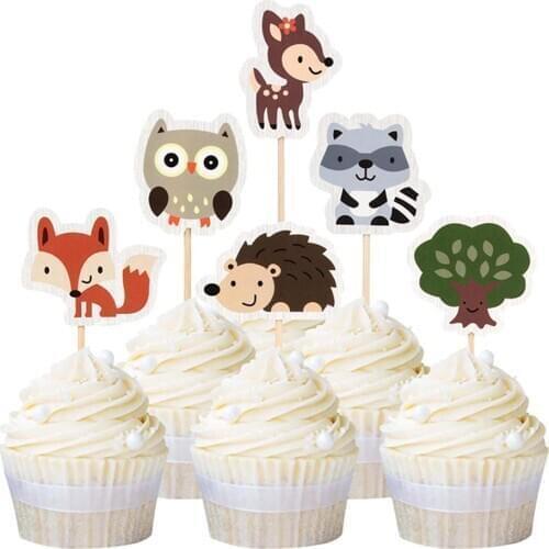 24pcs Cartoon Cake Topper Fox Deer Owl Animal Food Picks Paper Cupcake Toppers Decor Party Supplies