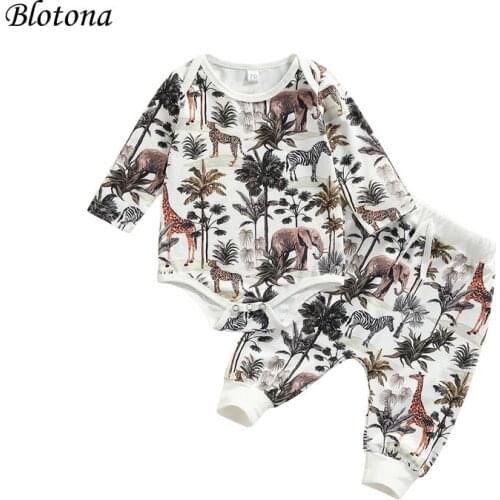 Blotona 2Pcs Baby Boys Spring Autumn Clothes Set Fresh Forest Animals Printed Long Sleeve Romper Tops and Long Pants, 0-18Months