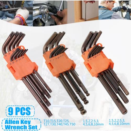 9Pcs Hex Key Allen Tools Wrench Set Extra-long Arm AllenTorque Sae Memtric Torx Spanner