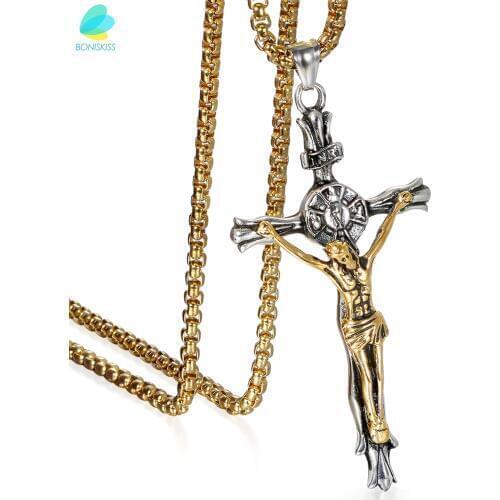 BONISKISS Mens Large Catholic Jesus Christ on INRI Cross Crucifix stainless steel Pendant Necklace