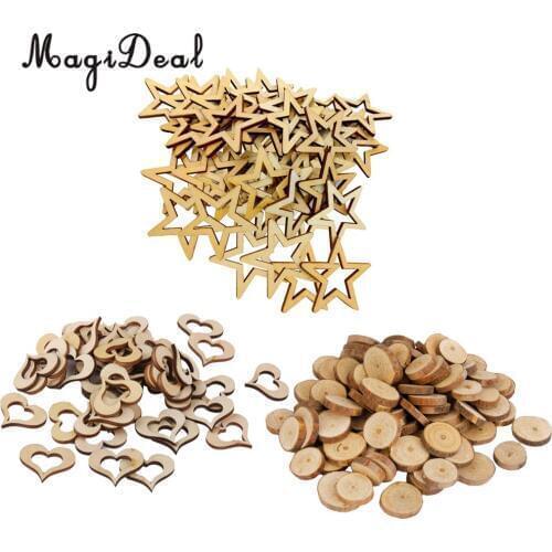 200 Pieces Assorted Different Wooden Shape Wood Slices Discs with Heart / Star /Round Shaped DIY Scrapbook Embellishments 30 mm