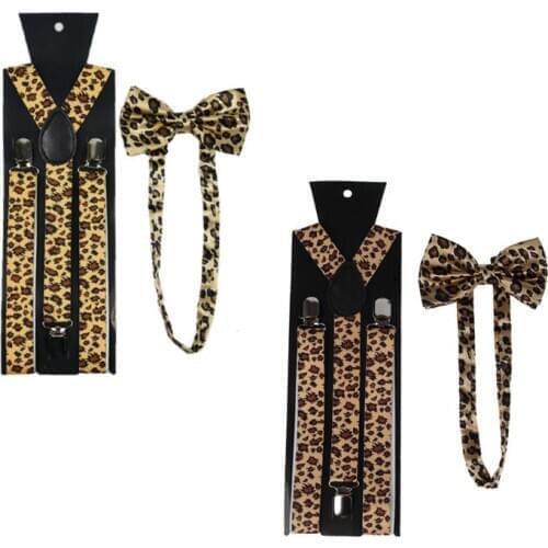 Men Women Suspender Bow Tie Set 2.5cm Wide Animal Leopard Print Adjustable 3 Clip-on Y-Back Elastic Belt Braces Bowtie
