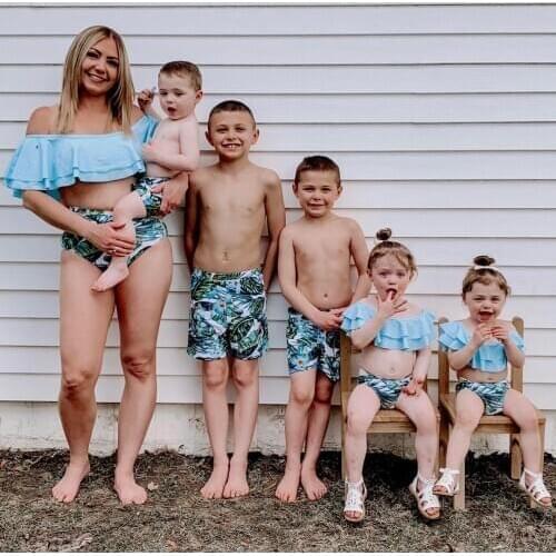 PatPat 2021 New Summer Off-shoulder Flounce Plants Print Matching Swimsuits