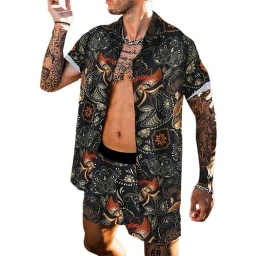 2021 Summer Men Pajama Sets Digital Print Beach Outfit Short Sleeve Lapel Buttons Shirt Shorts Sets Plus Size Beachwear