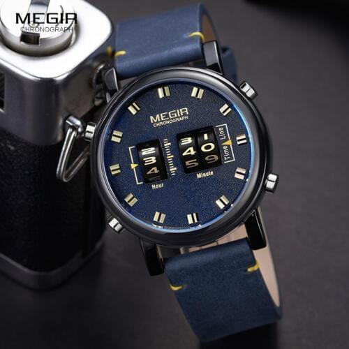 MEGIR Blue Leather Watch Men Top Brand Digital Quartz Watches Male Luxury Waterproof Military Sport Clock Relogio Masculino 2137
