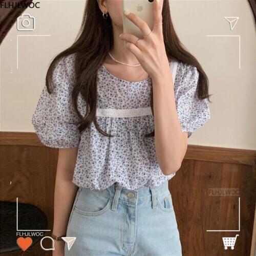 Cute Chic Tops Summer Lantern Sleeve Sweet Preppy Style Girls Japan Korean New Design Printed Floral Retro Vintage Top Blouses