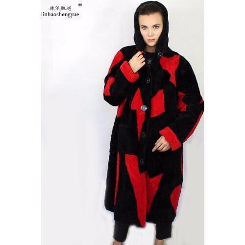 Linhaoshengyue 105cm Hit Color Fashion Mongolia Fur Women Coat with Hood Freeshipping