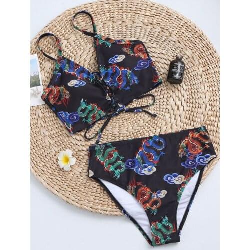New Dragon Print High Waist Bikini Female Swimsuit Women Swimwear Deep V Bikini set Bather Bathing Suit Swim