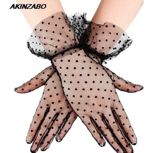 Womens Sexy Lace Guantes Transparentes Dot Print Black White Mesh Tulle Gloves Female Club Prom Party Dancing Dress Gloves