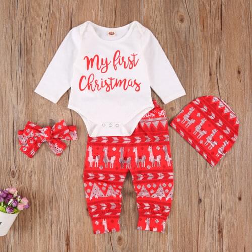 Christmas Baby Boys Girls 4PCS Suit Long Sleeve Round Neck Romper Tops+Long Pants+Hat + Bow Tie for Winter and Autumn