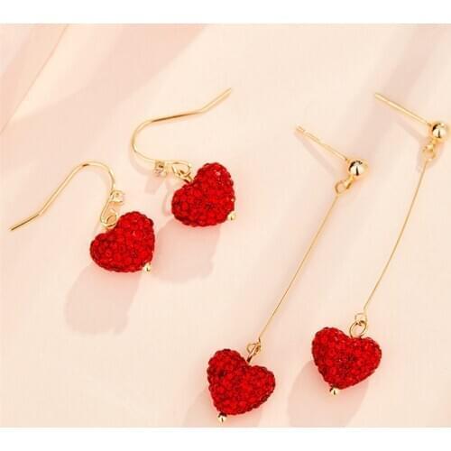 Temperament Super Flash Exquisite Small Red Heart Earrings Female Love Long Tassel Earrings Peach Heart Chinese Red Earrings