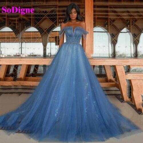 SoDigne Shiny A Line Evening Dress Tulle Off Shoulder Lace Formal Dress Party Gown robe de soiree Long Prom Gowns