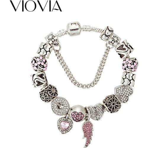 VIOVIA Luxury Wing Charm Bracelets & Bangle for Women High Quality Rhinestone Heart Beads DIY Christmas Gift B17044
