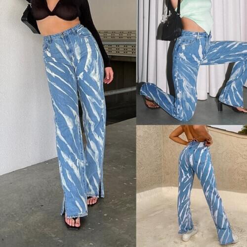 Womens Fashion Casual Graffiti High Waist Leg Slit Straight Jeans Blue