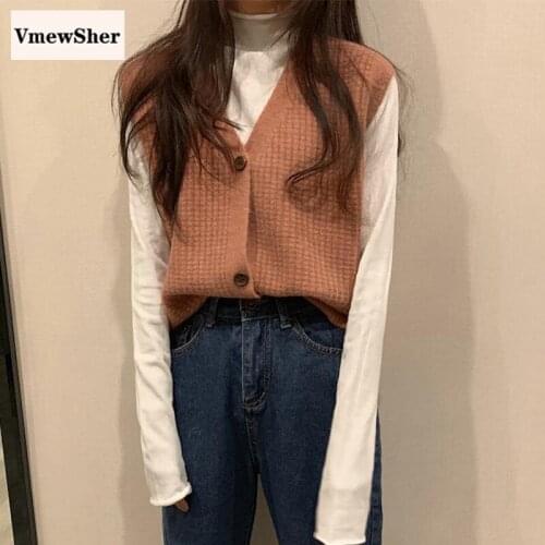 VmewSher New Women Sleeveless Pullover 2020 Plaid Single Breasted V Neck Knit Sweater Vest Loose Knitwear Women Waistcoat Tops