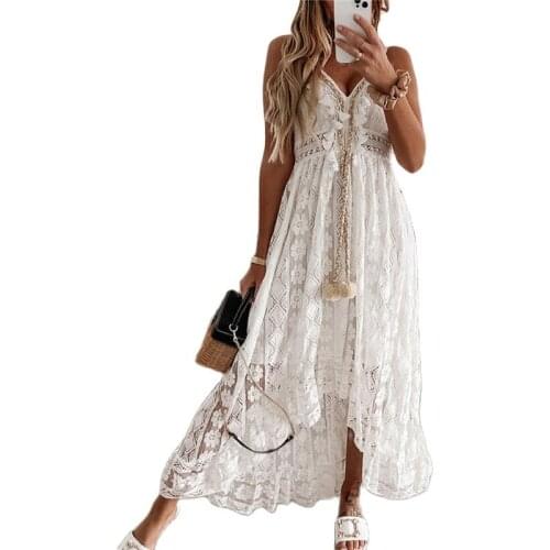 Hollow Out White Dress Women V-Neck Long Lace Dresses Sleeveless Sexy Spaghetti Straps Bodycon Beach Maxi Party vestidos 2021