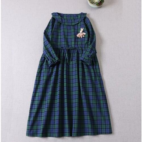 Japan Mori Girl Literary Green Plaid Dress Boat Neck Design Niche Personality Tie Waist Temperament Long Dress Spring