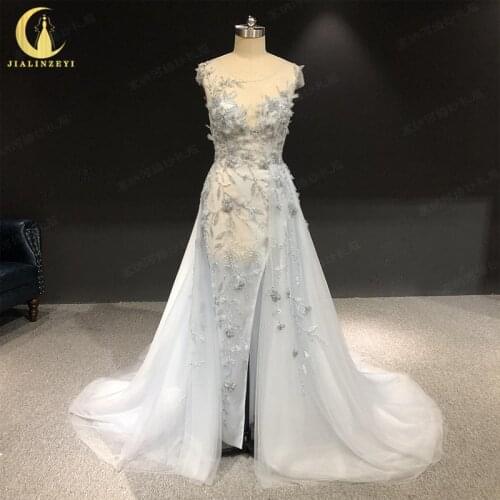 Rhine Real picture Light Gray Crew Neck Beads With Flowers Mermaid платья женские dress women evening dress long formal dresses