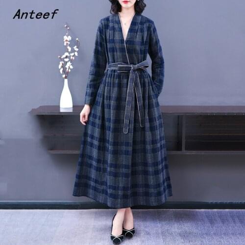 Anteef long sleeve cotton linen vintage plaid dresses for woman casual loose woman spring autumn dress elegant clothes 2021
