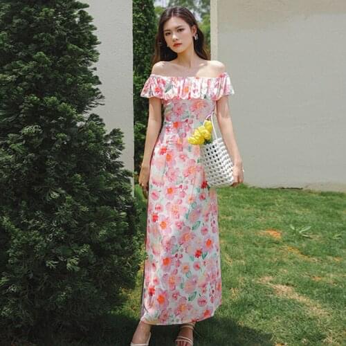 Fashion Summer Vintage Short Sleeve Beach Maxi Dress Ladies Elegant Robe Casual Off-Shoulder Ruffle Sweet Floral Vacation Dress