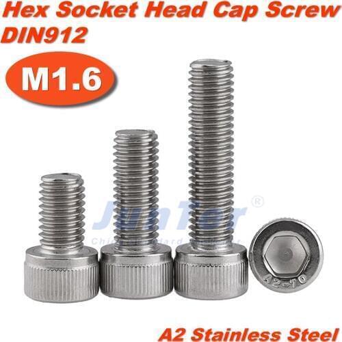 1000pcs/lot M1.6(1.6mm) A2 Stainless Steel Allen Blots Hex Socket Head Cap All Thread Screws Metric DIN912