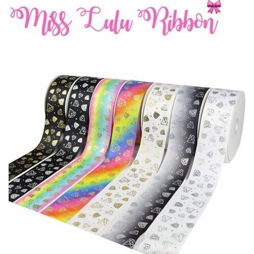 3"75mm Hologram Gold&Silver Foil Diamond Rainbow Stripes Printed Grosgrain Ribbon Solid Color DIY Bowknots 50yards/roll