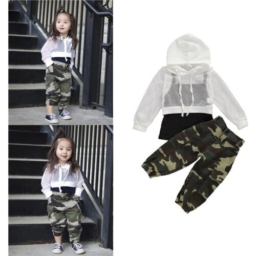 Sweet Infant Baby Girls Clothes Sets 1-6Y Fashion Summer Fishnet Hooded Tops+Black Sling Vest Tops+Camouflage Print Pants 3Pcs