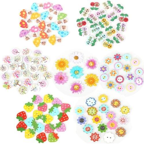 50Pcs Multiple Cartoon Patterns 2 Hole Flatback Button Wooden Decorative Buttons For DIY Sewing Apparel Crafts Accessories