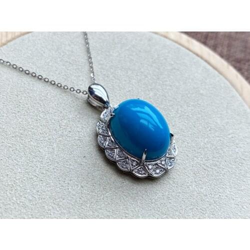 JHY Solid 18K Gold Oval Nature 16.6mm Blue Turquoise Gemstones Pendants Necklaces for Women Fine Jewelry for Women Gifts