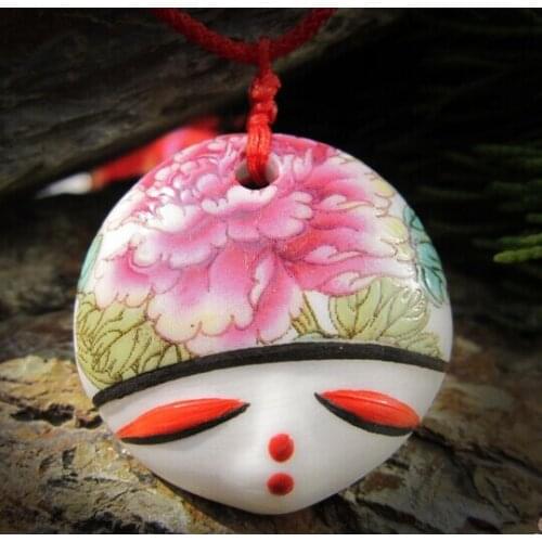 Hotsale Ethnic Face Women Necklace Pendant Chinese Vintage Style peony Ceramic Healthy Jewelry Sweater chain