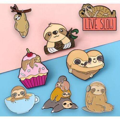 Sloth Family Cute Lapel Pins Cake Sleepy Embrace Listen to Music Brooches Badges Backpack Enamel Pins Jewelry Gifts For Friends