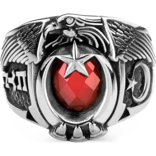 925 Sterling Silver Eagle Headed Mens Ring with Word Turk in Gokturkish and Crescent Star Red Zircon Stone Ring for men men