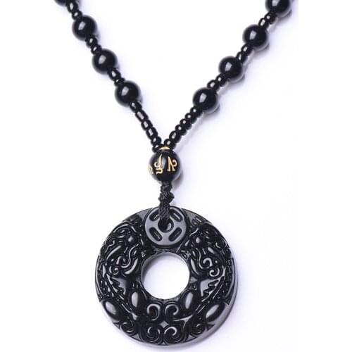 Natural Black Obsidian Pixiu Pendant Beads Necklace Fashion Charm Jewellery Hand-Carved Lucky Amulet Gifts for Her Women Men