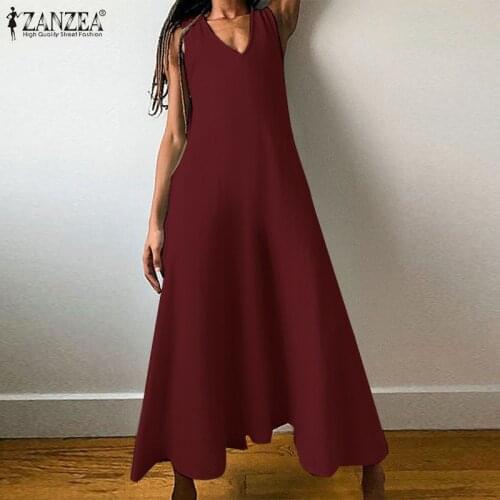 Plus Size ZANZEA Summer V neck Sleeveless Maxi Dress Women Fashion Split Hem Robe Work OL Sundress Solid Long Tanks Vestidos