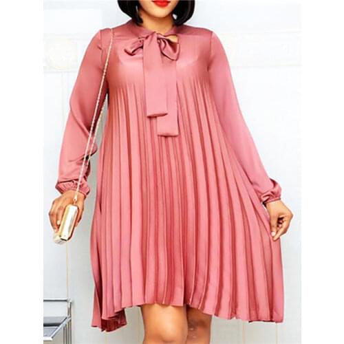 Plus Size Pleated Dresses with Bowtie Long Lantern Sleeves Knee Length Women Fashion Summer Autumn Female African Vestidos New