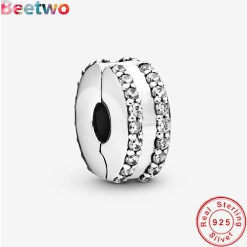 Fit Original Pandora Bracelet 925 Sterling Silver Double Lined Pave Clip Charm Charms Bead DIY Jewelry Berloque
