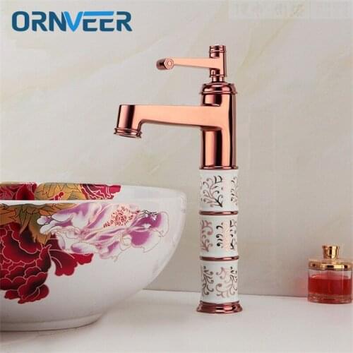 Luxury Solid Brass Gold Plated Bathroom Faucet White Ceramic Body Rose Gold Brass Basin Sink Mixer Tap RG-026
