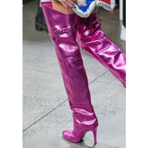 Fashion Runway Boots Pointed Toe Metallic Leather Strap Over The Knee Boots High Heels Winter Long Boots Customized